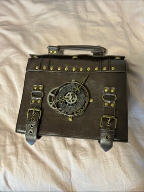 Steampunk Brown Leather Satchel with Clock Detail